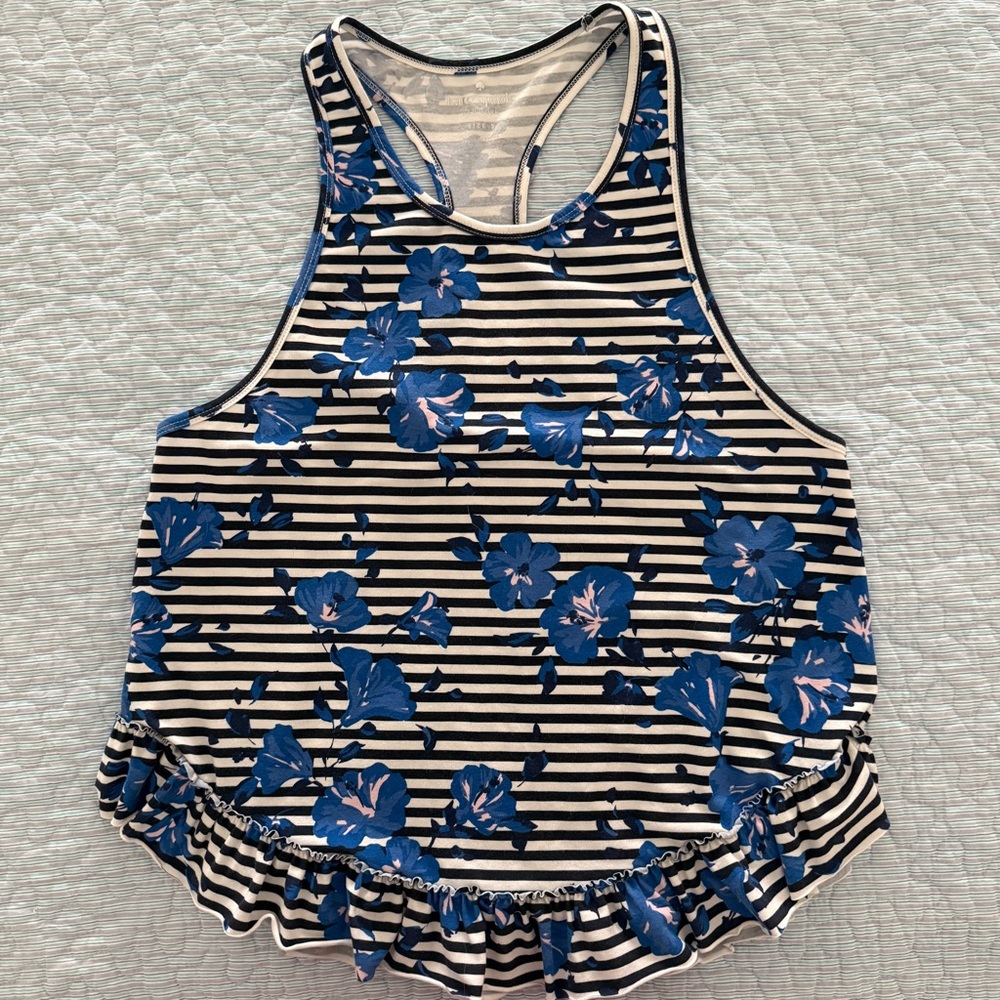 Kate Spade Black and White Striped Top with Blue Floral Accents